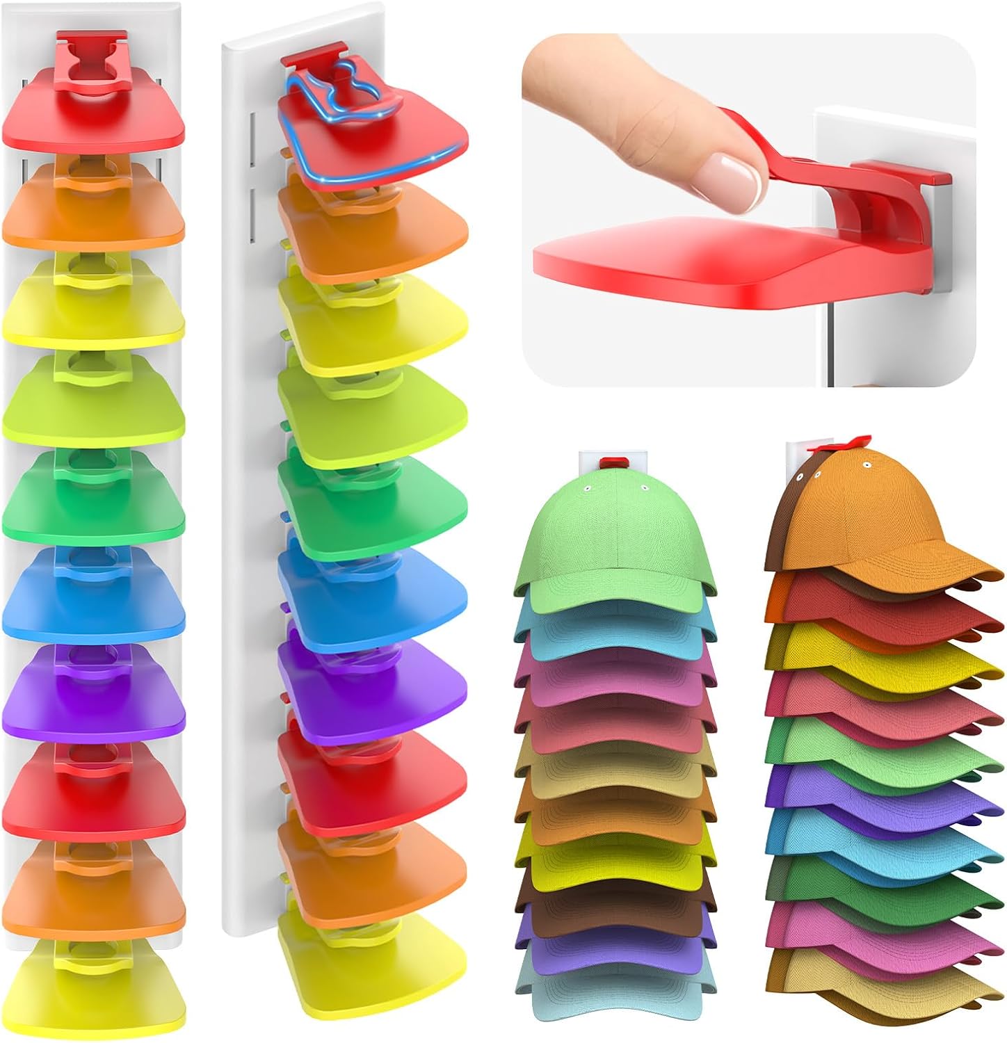 Volnamal Hat Organizer - 2 Pack Baseball Cap Rack Holds Up to 40 Hats | Space-Saving Wall Storage (White & Color)