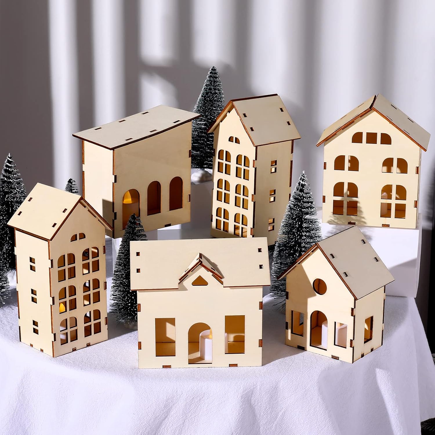 Skiennix Christmas Village Set - 12 Unassembled Houses with 6 LED Candle Lights | Festive Holiday Decor