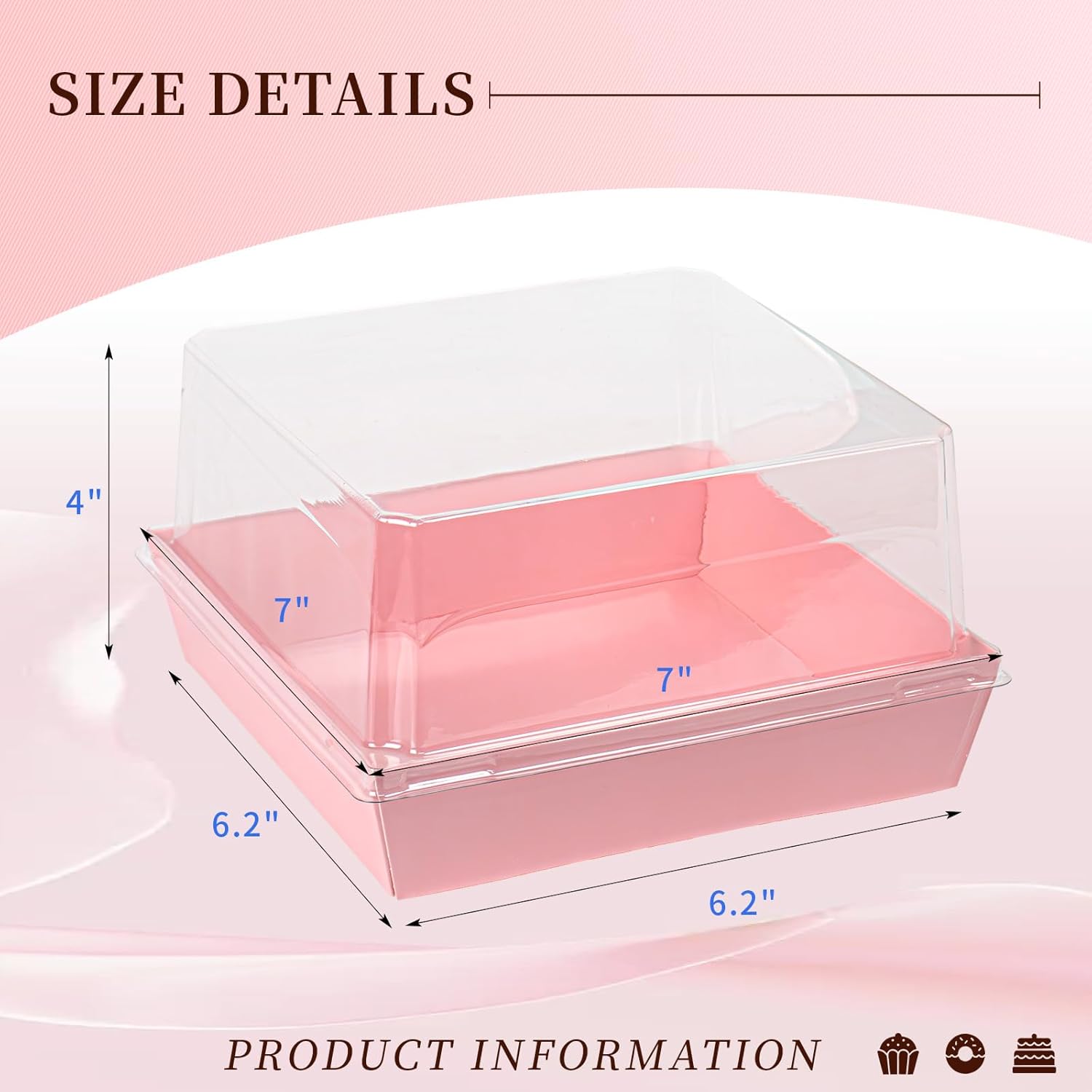 Regine Switzerland Paper Cake Boxes - 50 Pack Pink Large Charcuterie Containers | Clear Lids, 7x7x4 Inches for Desserts
