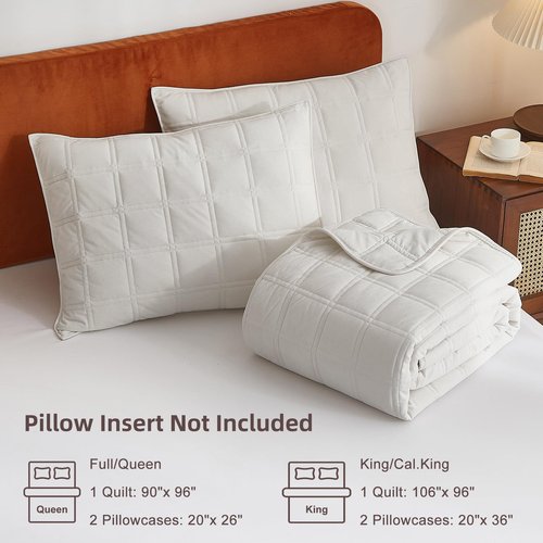 Wondnuga Velvet Quilt Set King Quilt, Lightweight Soft King Comforter Set, Bedspread Coverlet with 2 Matching Pillow Shams, Velvet Comforter Bedding Set for All Season (Cream White, Checkered)