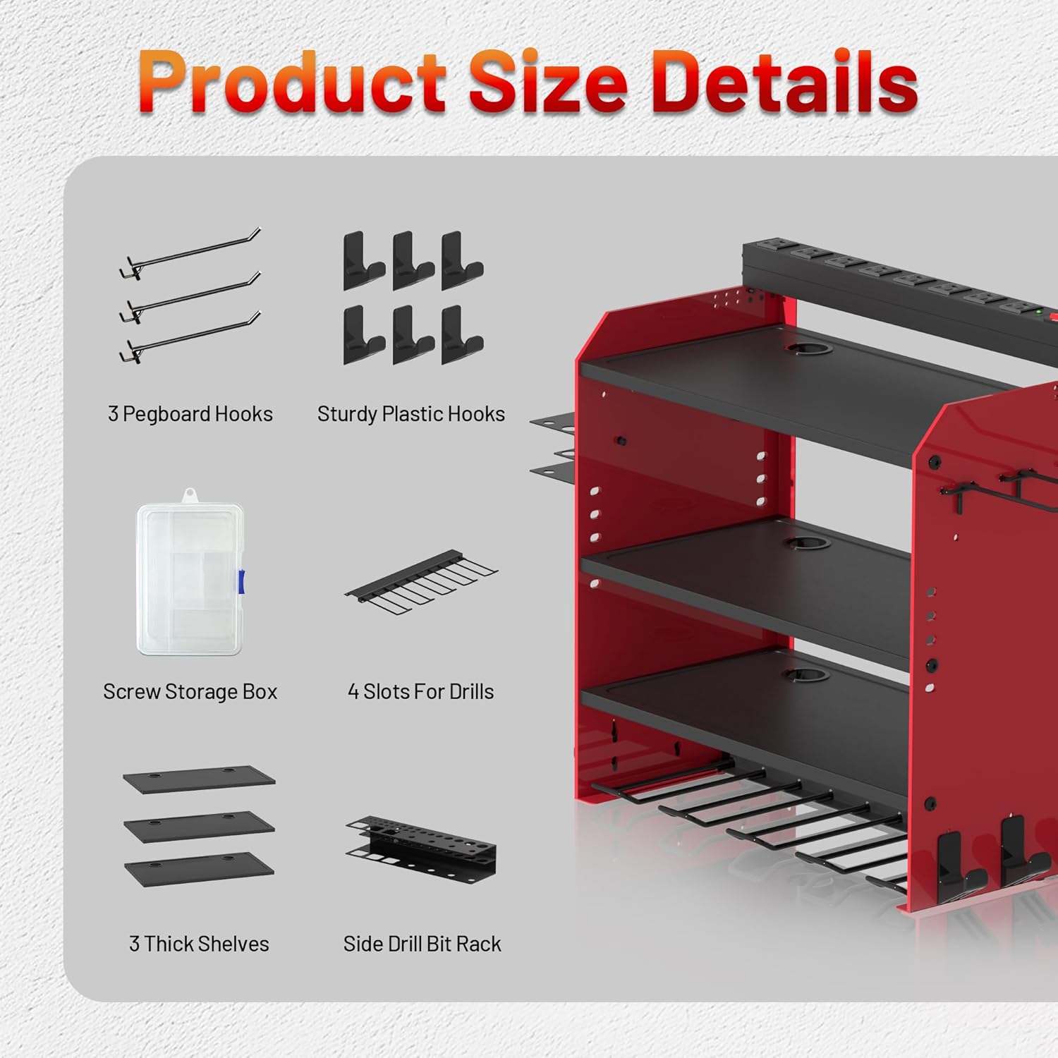 Power Tool Organizer - Wall Mount Charging Station with 8 Outlet Power Strips | Heavy Duty 4-Layer Drill Storage Shelf