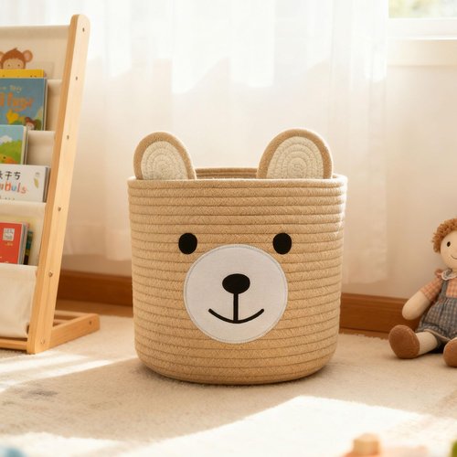 Saiiwnn Bear Basket for Nursery, Baby Shower Basket, Baby Baskets for Storage, Laundry Hamper, Storage Baskets for Children Kids Toy Plant Gift Indoor Corner 10" D x 8" H (Light Khaki)