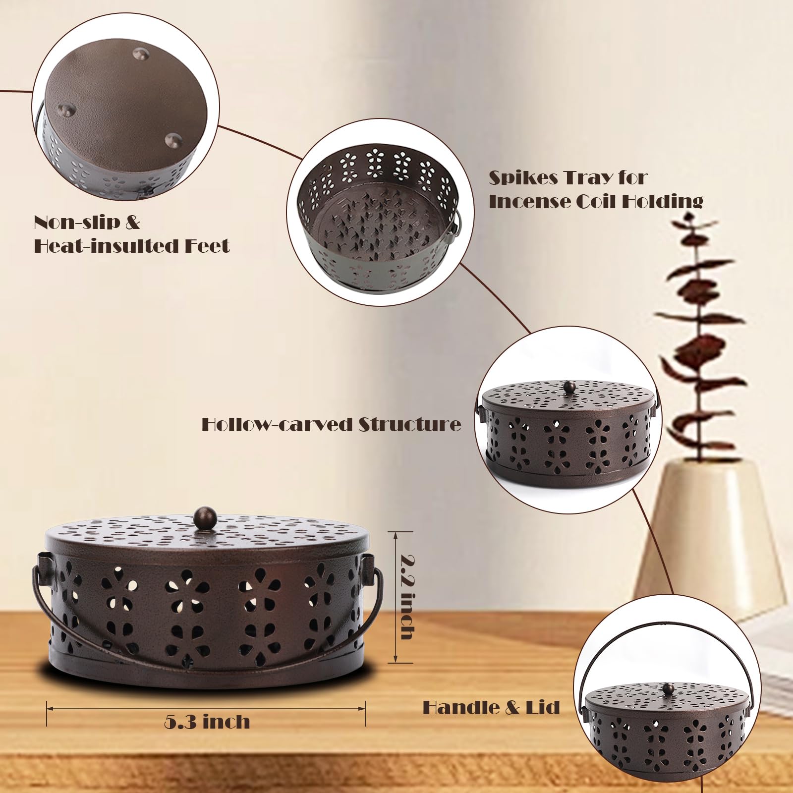 Portable Mosquito Coil Holder with Handle Round Heat-Resistant Iron Incense Coil Holder (Bronze)