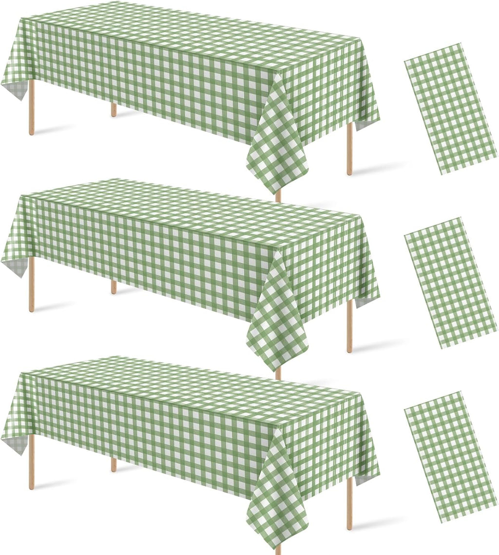 Regine Switzerland Sage Green Gingham Tablecloth - Disposable Plastic Checkered Cover for Parties | 54 x 108 Inch
