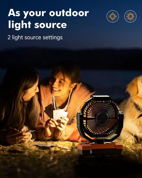 24000mAh Camping Fan - Detachable Rechargeable Battery Operated Fan with Light & Hook for Tent, Outdoor - USB Table Fan with 4 Speeds for Picnic, BBQ, Fishing, Travel, Hurricane