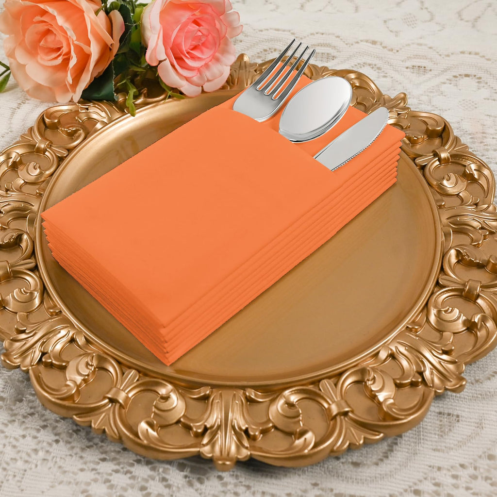 Orange Dinner Napkins Disposable - 50Pack Linen-Feel Paper Napkins with Built-in Flatware Pocket, Prefolded Cloth Like Paper Napkins Bulk For Dinner, Wedding, Party or Everyday Use(Orange)