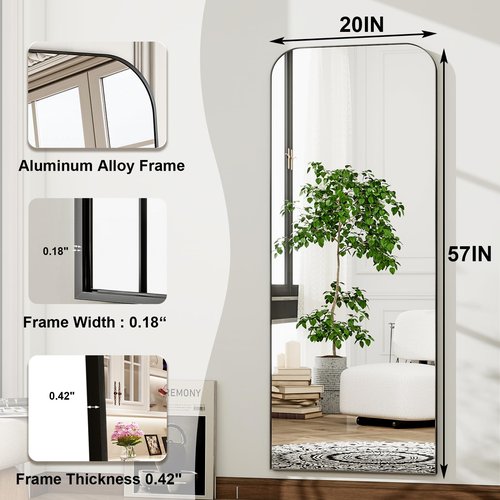 HARRITPURE 57"x20" Full Length Mirror, Black Rounded Corner Aluminum Frame Standing Mirror, Hanging/Leaning Wall Floor Mirror with Stand for Living Room Bedroom Cloakroom