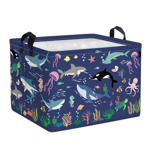 Clastyle Fish Sea Turtle Baby Basket Ocean Coral Seaweed Starfish Toy Book Shelf Basket Waterproof Pool Toy Beach Towel Storage Bin Large Dirty Clothes Laundry Hamper, Whales, 40*30*30 cm