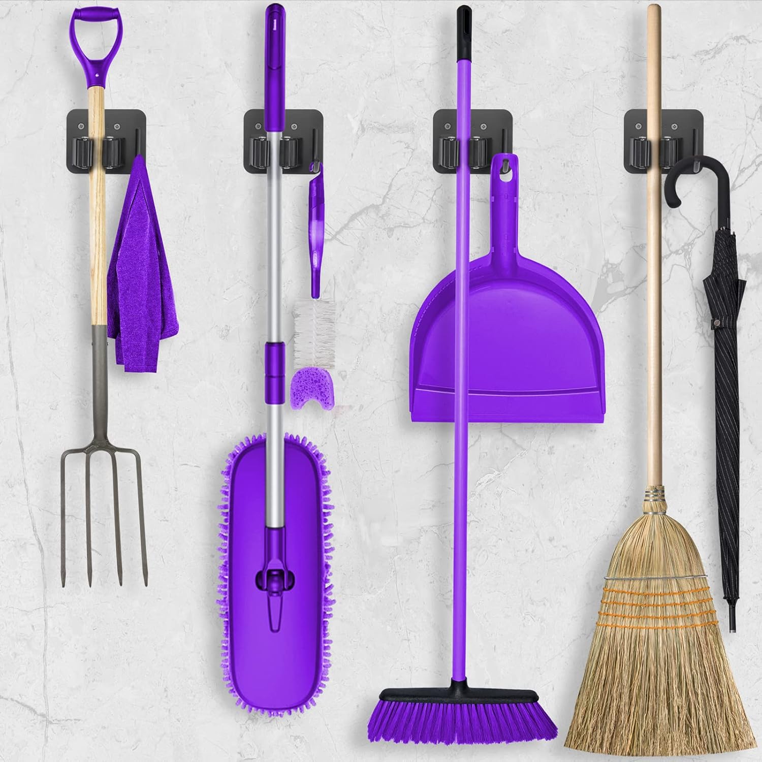 Stainless Steel Broom Holder - Heavy Duty & Rust Resistant | 4 Gripper Positions & Hooks, Black
