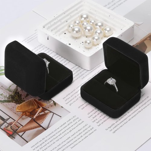 KUKUVR 2 Pieces Velvet Metal Wedding Ring Box, Elegant Jewelry Earring Studs Gift Box for Women Girl, Ring Holder Case for Engagement Proposal, Anniversary, Bridal Party Decor (Black)