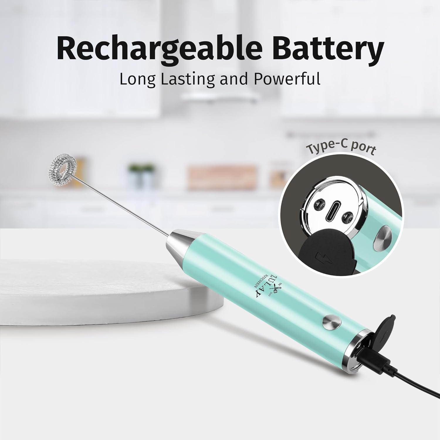 Zulay Kitchen Rechargeable Milk Frother Handheld Lux - Powerful 2-Speed Motor, Waterproof, 2000mAh Battery - Drink Mixer for Latte, Cappuccino, Matcha & Protein Powder - Sky Blue
