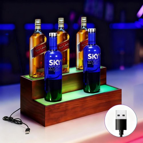 B4Life 16 Inch Lighted Liquor Bottle Display Shelf, 2 Tier LED Bar Shelves, Liquor Bar Shelf for Home Bar