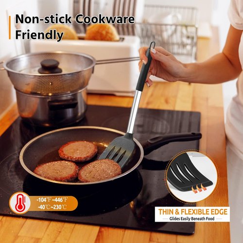 E-far Silicone Cooking Utensils Set - Heat Resistant, Non-Toxic Kitchen Tools for Non-Stick Cookware | 4-Piece Set in Black