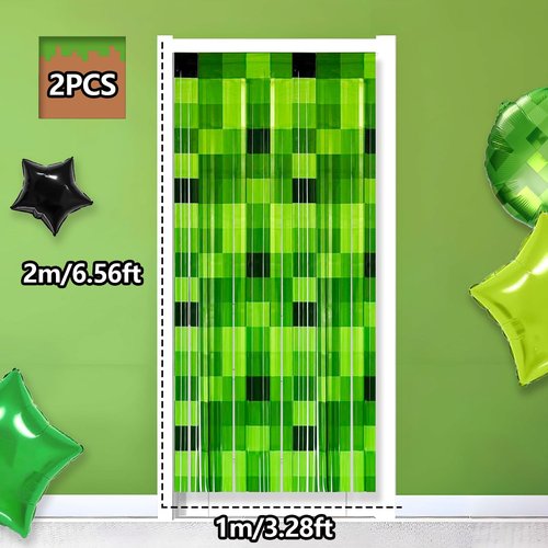 PIONUX 2 Pack Green Foil Fringe Curtains Pixel Birthday Backdrop, 3.2x6.6ft Video Game Door Streamers for Boys Gaming Birthday Party Decorations Supplies Favors
