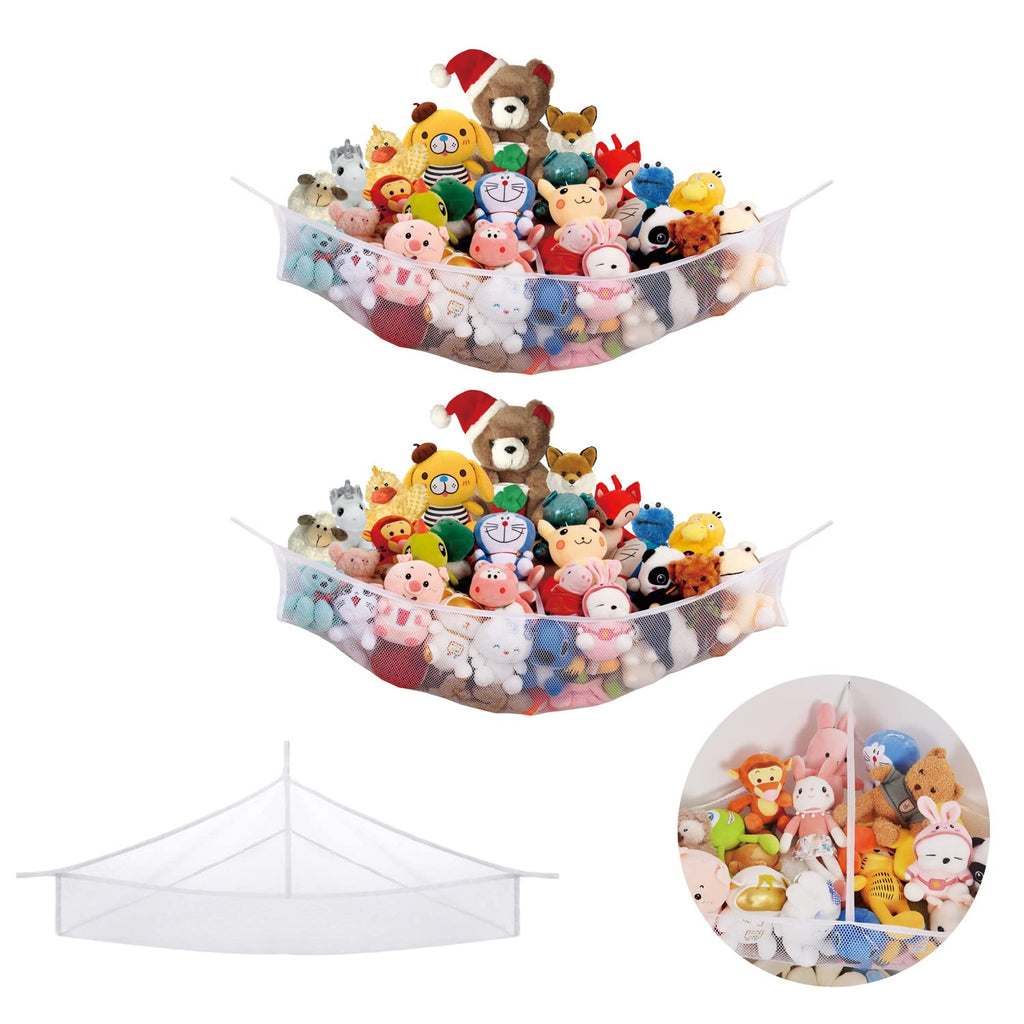 X-Large Stuffed Animal Net for Corner Storage | Fixed Shape Non-Stretch Toy Organizer, No Sag | Holds 60 Plushies, Mesh Toy Net for Teddy, Squishmallow, Kids Room (White 2 Pack)