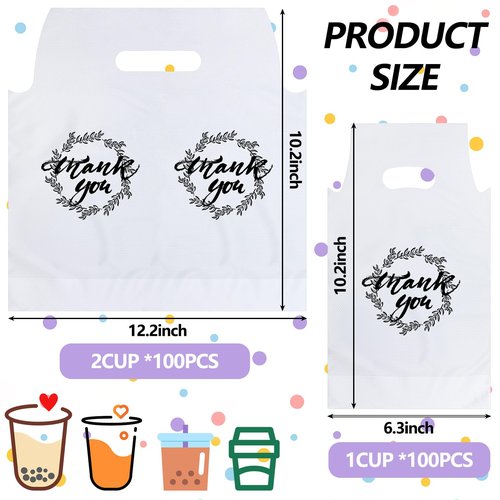 Kisston 1000 Pcs Drink Carrier for Delivery, Plastic Carrier Bags Thank You Clear Handle Drink Poly Bags Bulk for Coffee Tea Beverage Juice(Hold 2 Cups, Hold 1 Cup)
