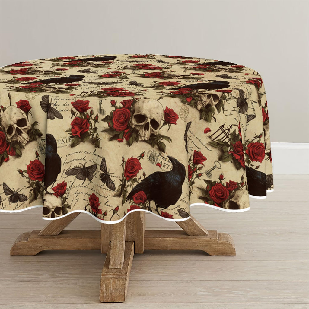 Horaldaily Halloween Tablecloth 60×60 Inch Round, Crow Skeleton Roses Washable Table Cover for Party Picnic Dinner Decor