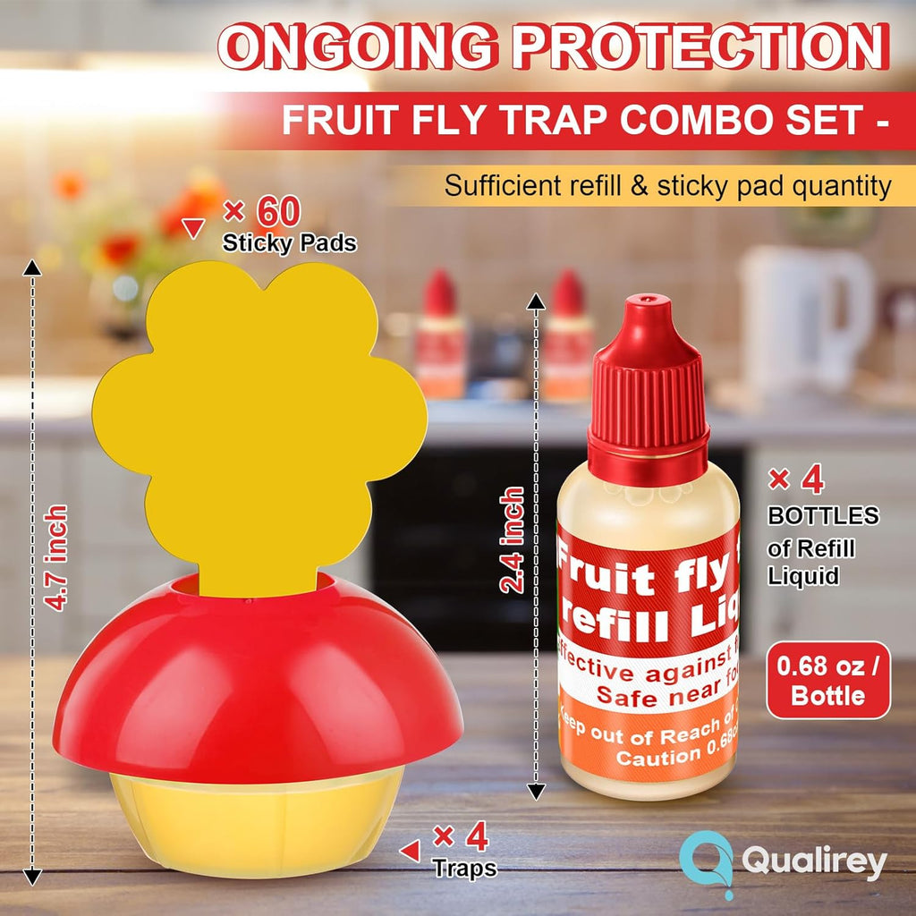 Qualirey Fruit Fly Trap - Safe Indoor Solution with 4 Refill Liquids & 60 Sticky Pads | Red