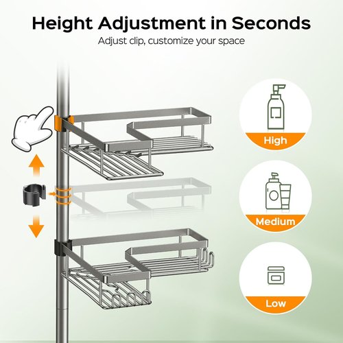 HAMITOR Shower Caddy Tension Pole - 4-Tier Rustproof Bathroom Organizer | No-Drill Adjustable Shelf - 47-123 Inch Silver Gray
