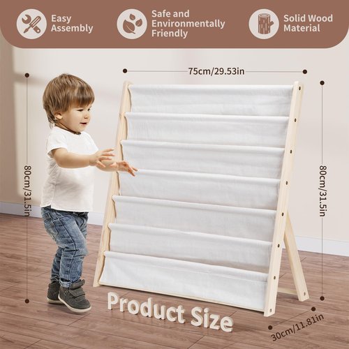 Hggzeg Wooden Bookshelf for Kids, 6 Tier Kids Bookcase Storage Display Rack with Fabric Storage Pockets, Easy Access Magazine Rack, for Children’s Bedroom and Playroom (Beige)