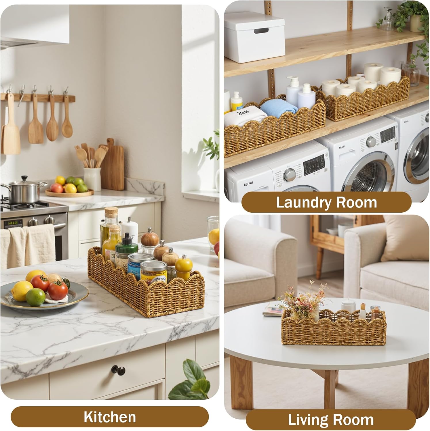 Scalloped Toilet Paper Basket - Water-Resistant Handmade Organizer in Natural Tan | Perfect for Scandinavian Kitchens