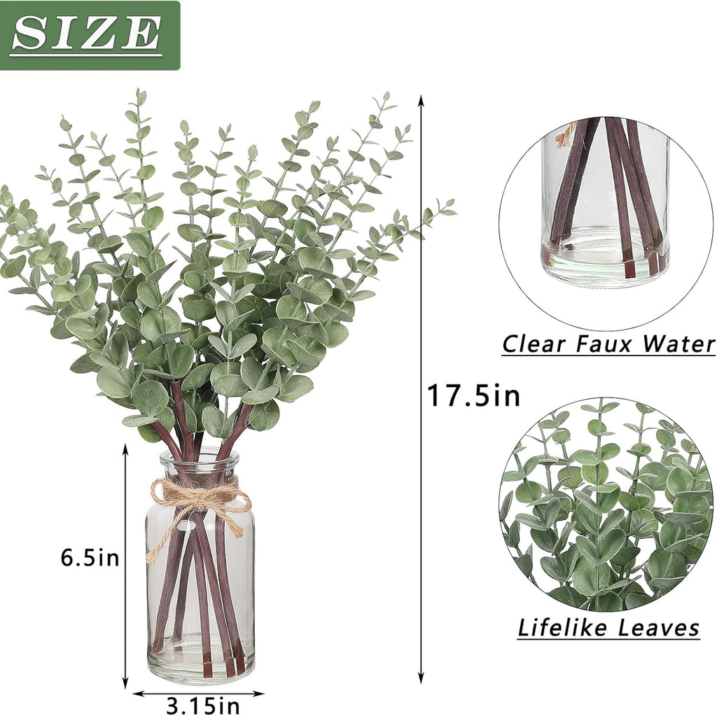 VIERENA Eucalyptus Stems - 17.5" Artificial Plant in Glass Vase with Faux Water | Sage Green Centerpiece Decor