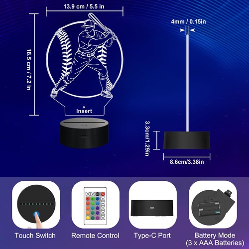 Attviolife Baseball Night Light, Baseball Gifts for Kids, 3D Optical Illusion Bedside LED Lamp with Remote Control & 16 Colors Changing & Timer, Teens Boys Men Sport Fan Christmas Birthday Presents