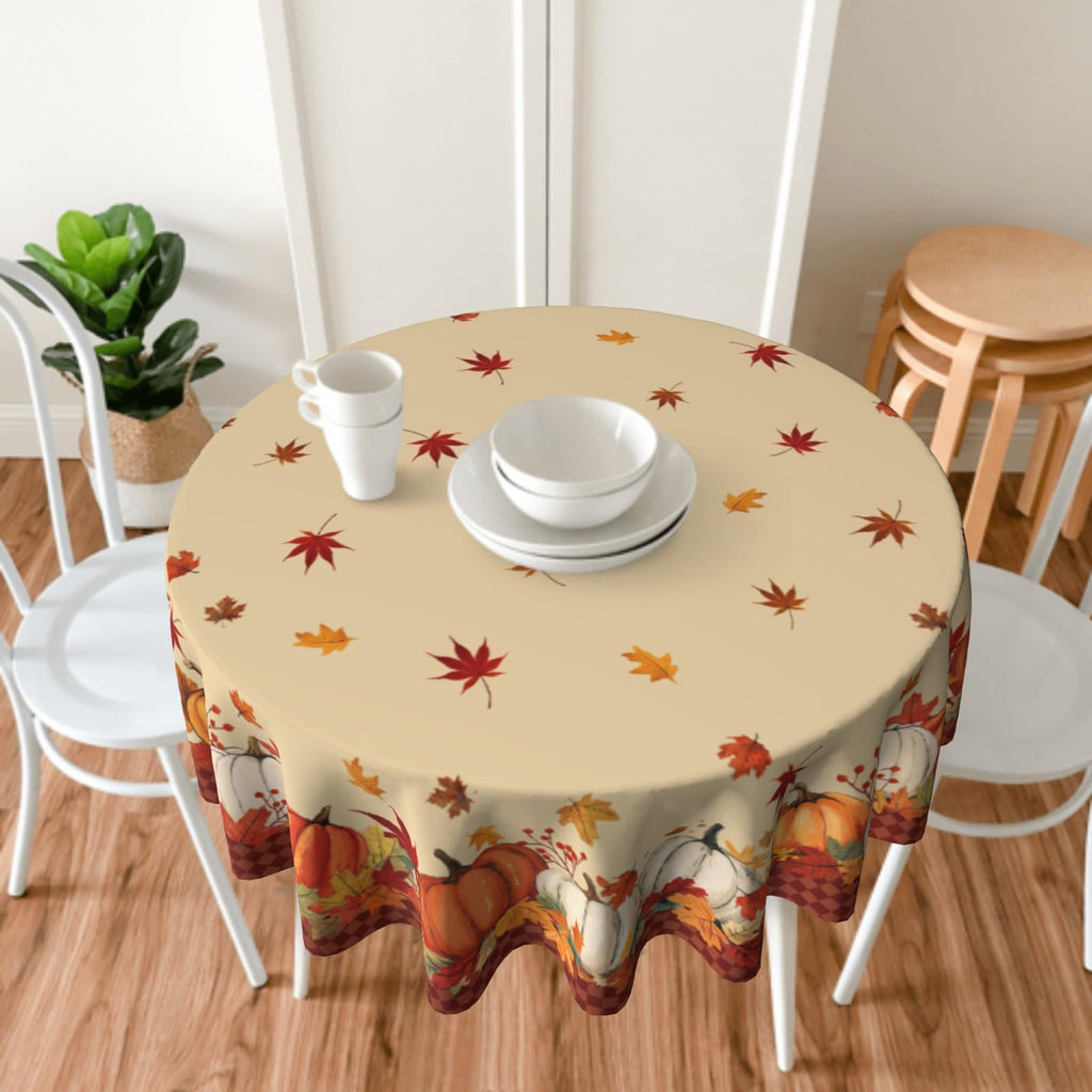 Lvhompro Fall Tablecloth 60 Inch Round White Orange Pumkins Festival Table Cloth Water-Resistant Spill-Proof Washable Fabric Table Cover for Kitchen Dining Party Picnic Indoor Outdoor