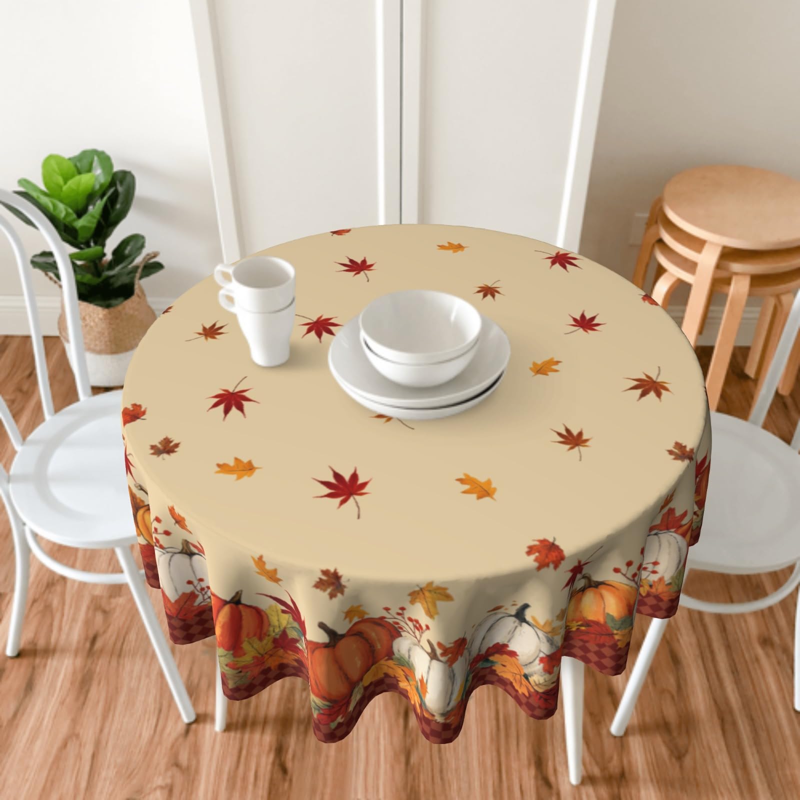 Lvhompro Fall Tablecloth 60 Inch Round White Orange Pumkins Festival Table Cloth Water-Resistant Spill-Proof Washable Fabric Table Cover for Kitchen Dining Party Picnic Indoor Outdoor