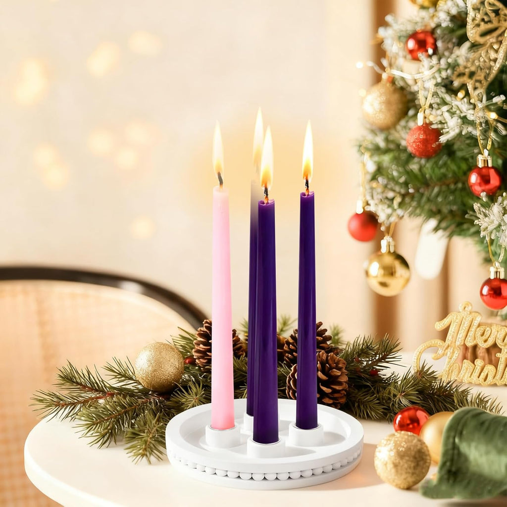 Skiennix 7-Inch Wooden Candle Holder - Elegant Advent Wreath with Bead Design for Christmas Decor | White