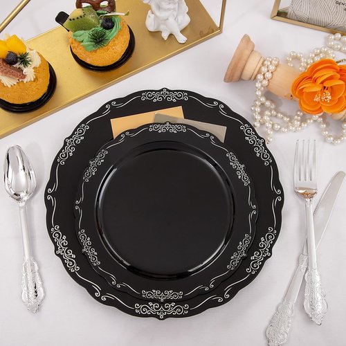 DaYammi 150 Pcs Black Silver Plastic Plates & Silver Plastic Silverware,Black silver Disposable plates for Include 30 Dinner Plate,30 Dessert Plate,30 Knives,30 Forks,30 Spoons for Party Wedding