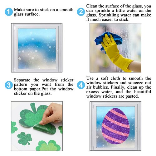 Whaline 9 Sheets Glitter Valentine' s Day St. Patrick' s Day Easter Window Clings Window Decal Heart Shamrock Egg Reusable Anti-Collision Windows Decor for Holiday Party Supplies