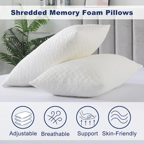 COZYART Shredded Memory Foam Pillows Queen Size 1 Pack, Cooling Breathable Pillowcase, Adjustable Firm Bed Pillows for Side Back Stomach Sleepers