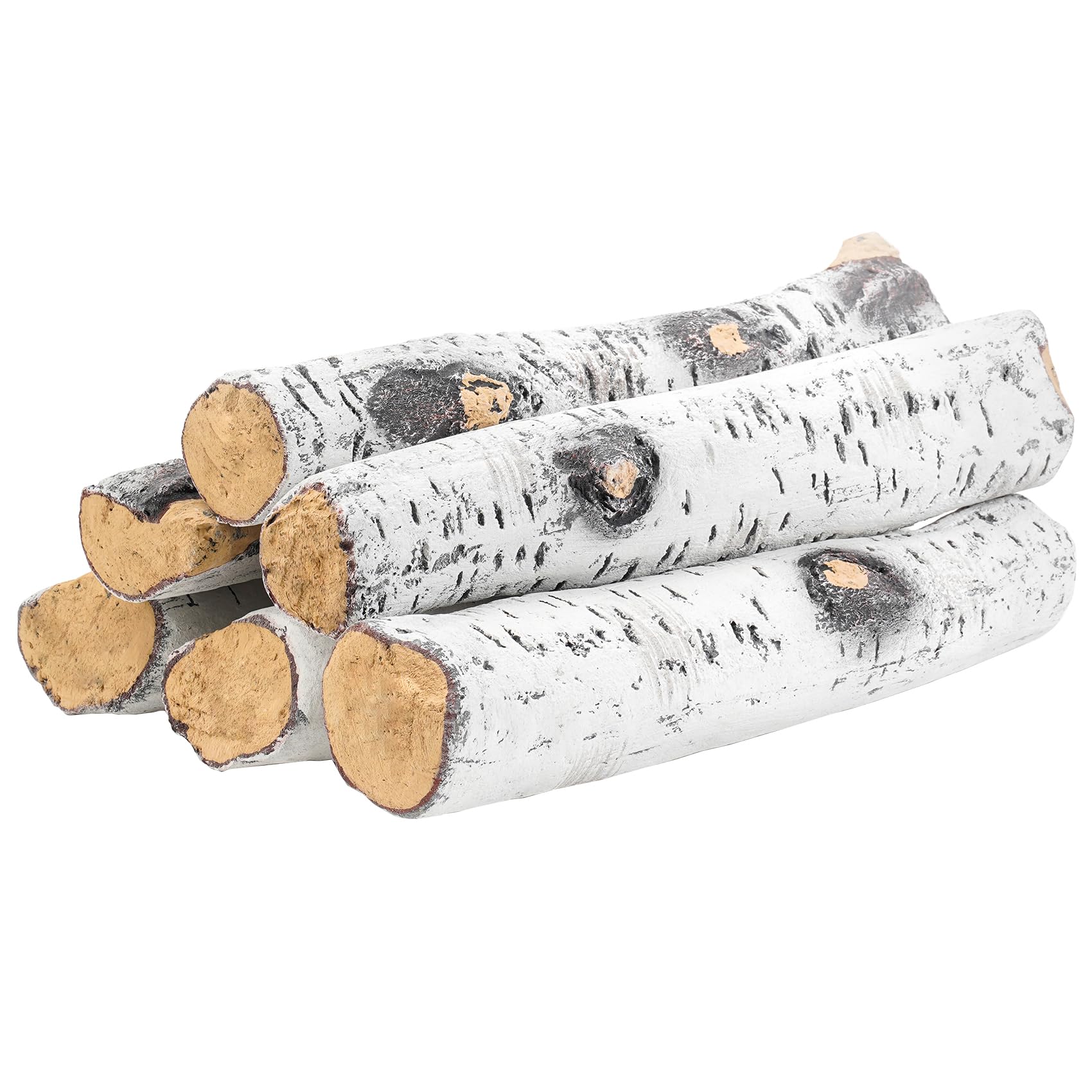 Skyflame 6 Piece Set of Gas Fireplace Logs, Large White Birch Ceramic Logs for All Types of Indoor/Outdoor Gas Inserts, Ventless, Fireplaces and Fire Pits