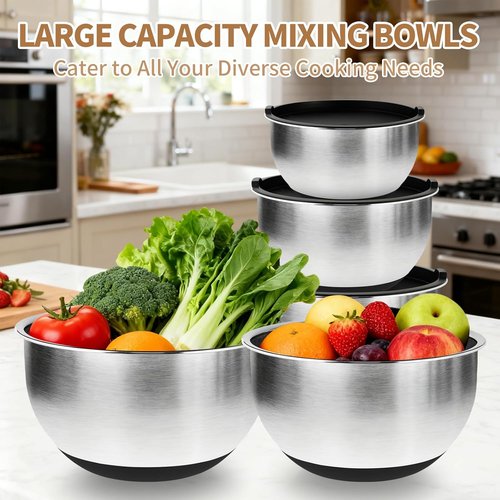 Deedro Premium Mixing Bowls Set - 22Pcs Stainless Steel with Airtight Lids | Non-Slip Silicone Base, Black