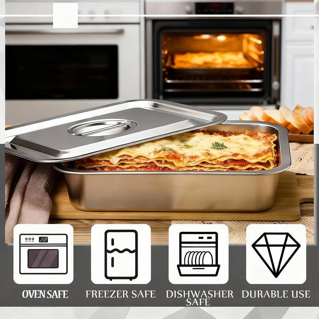 Regine Switzerland 4-Inch Deep Lasagna Pan - 2-Pack Stainless Steel Baking Dish with Lid | 7.4QT Oven Roasting Pans