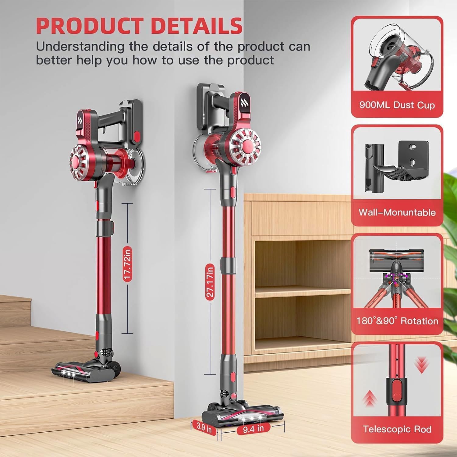 WLOTPO Cordless Vacuum Cleaner - Lightweight & Powerful Suction | 35-Minute Runtime for Pet Hair & Hard Floors (Red Grey)