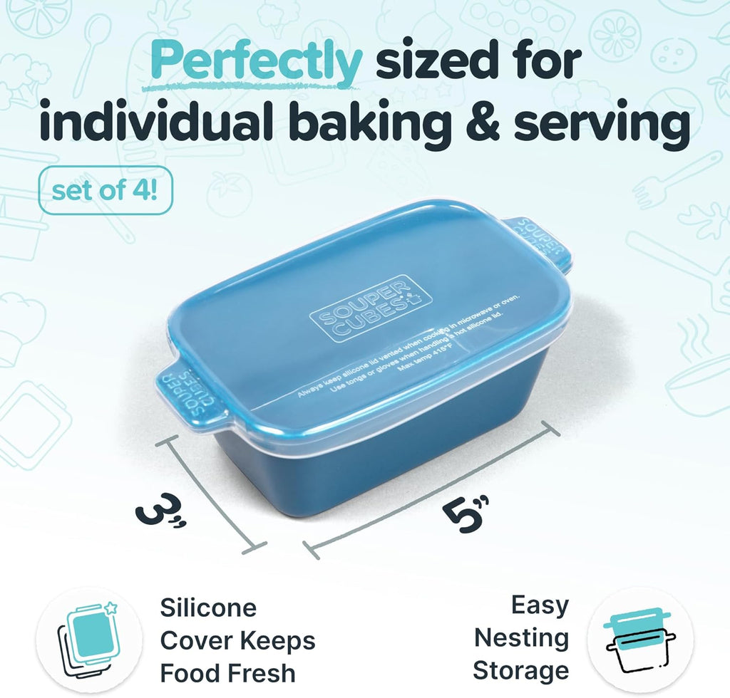 Souper Cubes Stoneware - Small 5" x 3" Ceramic Baking Dish Set of 4 with Silicone Covers | Blueberry Color, Ideal for Reheating