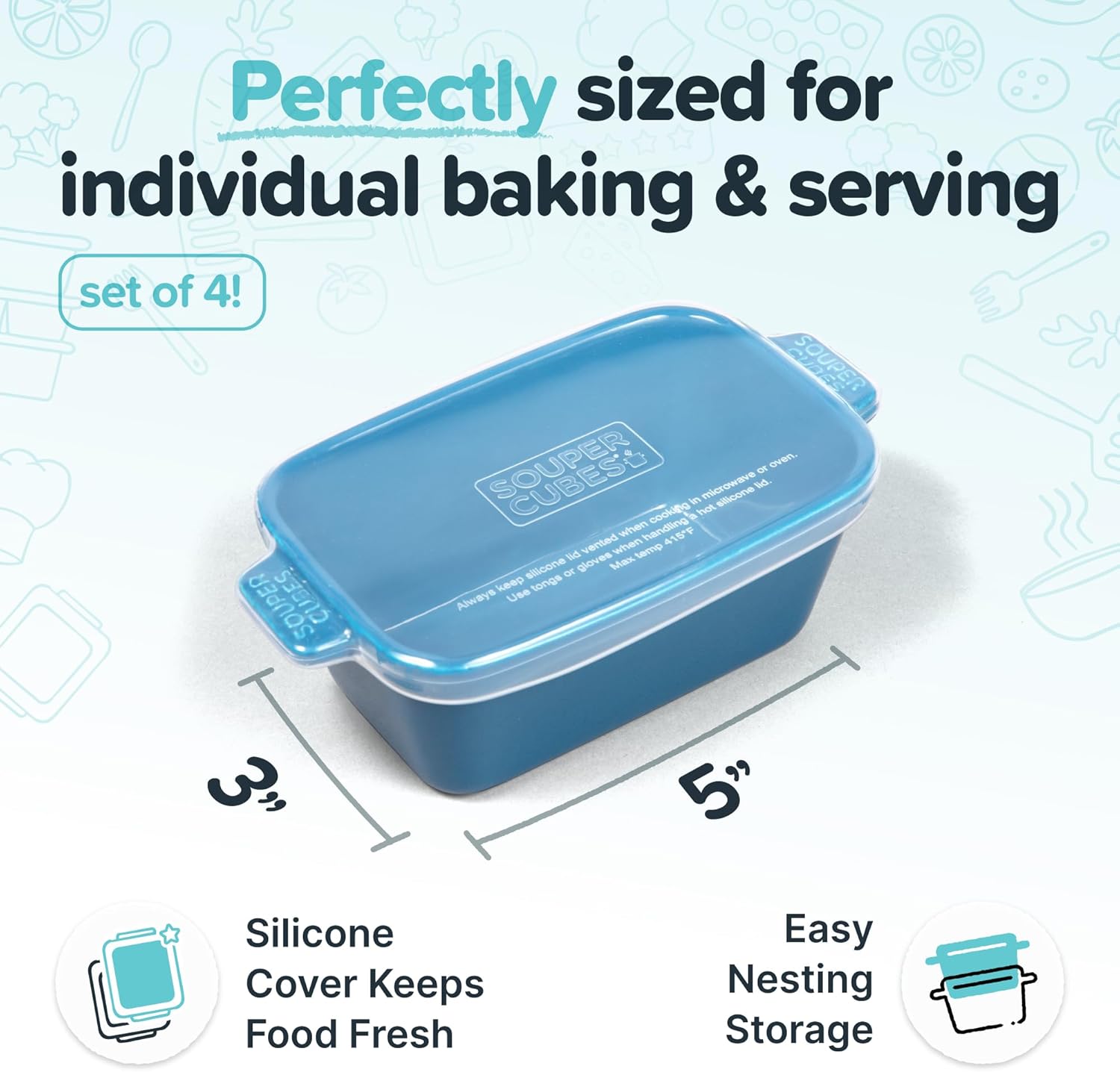 Souper Cubes Stoneware - Small 5" x 3" Ceramic Baking Dish Set of 4 with Silicone Covers | Blueberry Color, Ideal for Reheating