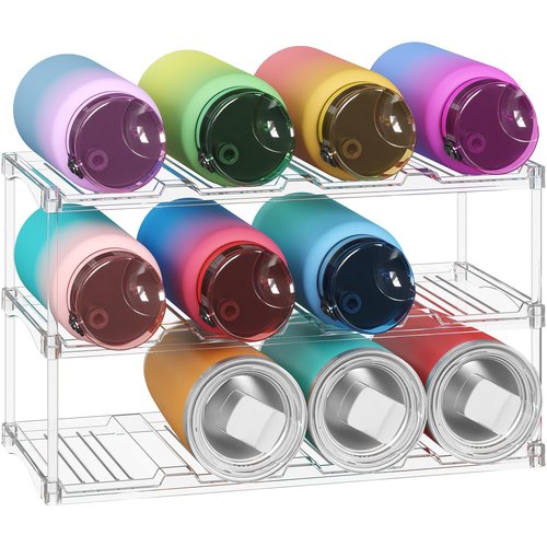Lifewit Stackable Bottle Storage Organizer, Clear Freestanding Wine Holder for Cabinet, Large Slot Water Bottle Tumbler Cup Organizer for Pantry, Plastic Wine Rack for Fridge Cellar, 3Tier Hold 12