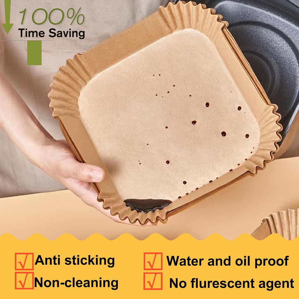 Skiennix 10-Inch Square Air Fryer Parchment Liners - XXL 100-Pack, Non-Stick Food Grade Baking Paper for Frying & Roasting