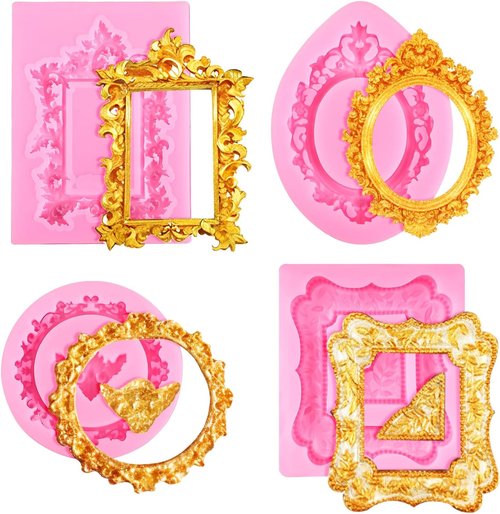 JJUNW Silicone Photo Frame Molds - 4 Pcs Baroque Style for Cake Decoration & Crafting
