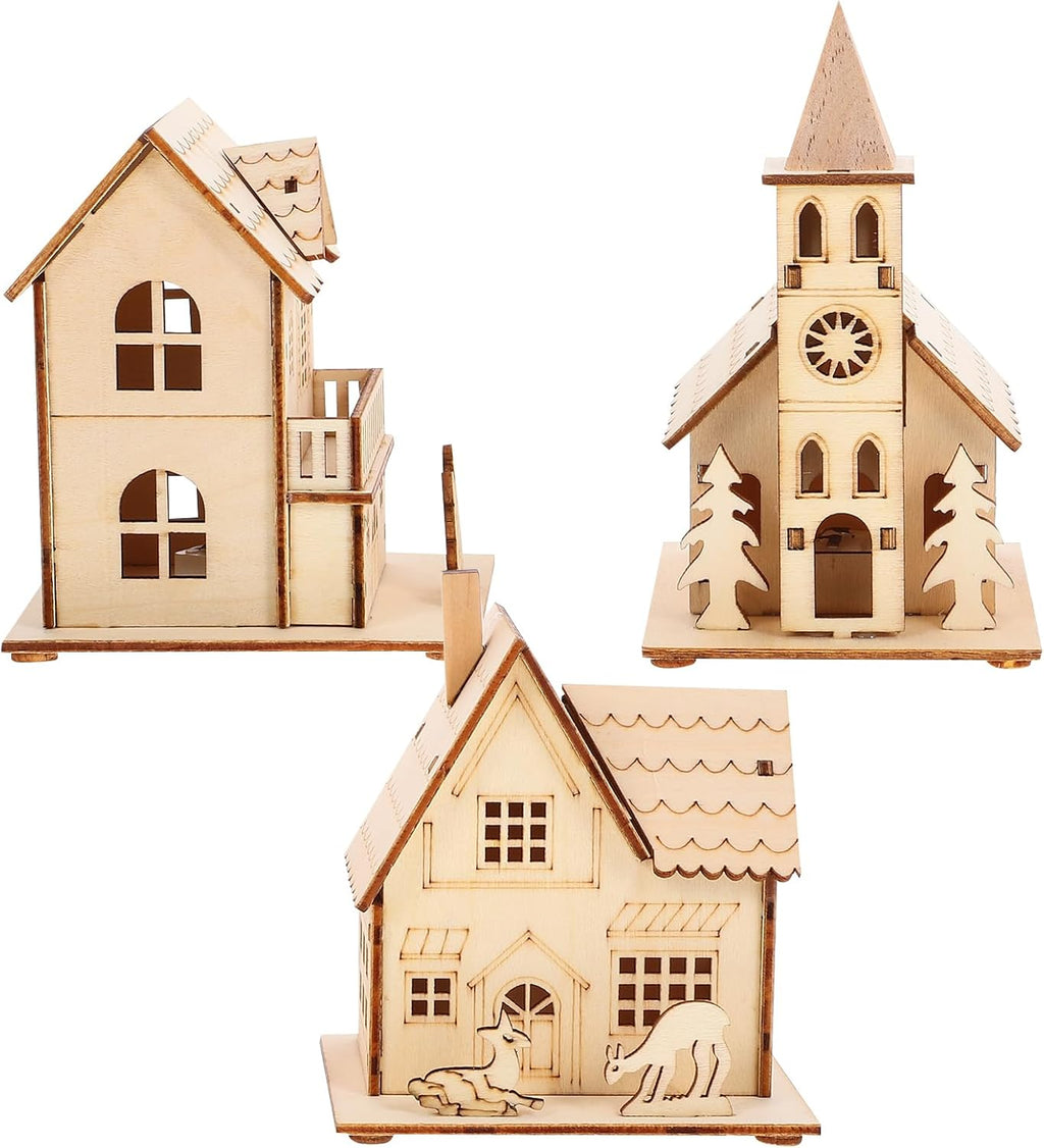 NUOBESTY Christmas Village Ornaments - 3pcs LED Luminous Wooden Houses | Festive Light Brown Decor