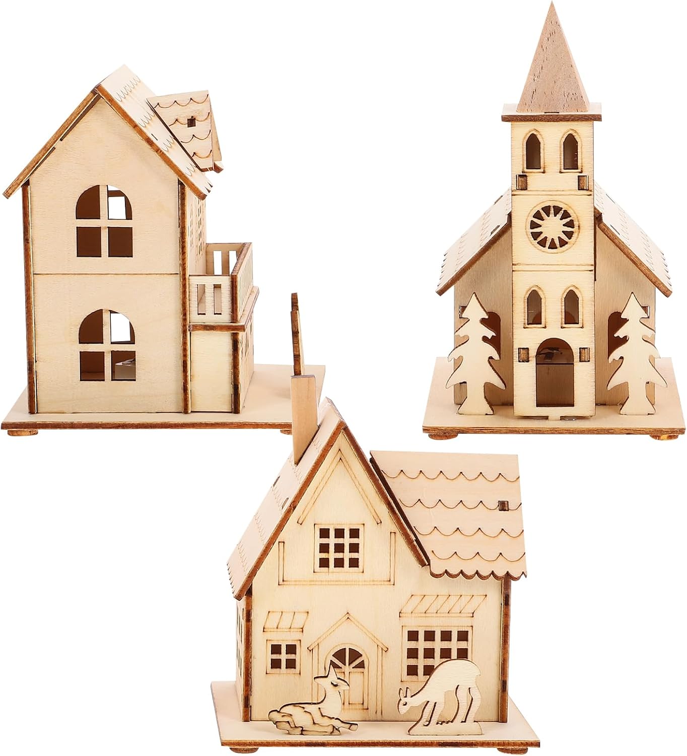 NUOBESTY Christmas Village Ornaments - 3pcs LED Luminous Wooden Houses | Festive Light Brown Decor