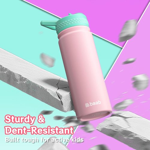 Baab Insulated Kids Water Bottle - 18oz Stainless Steel with Straw & Stickers | Pink & Purple, 2 Pack