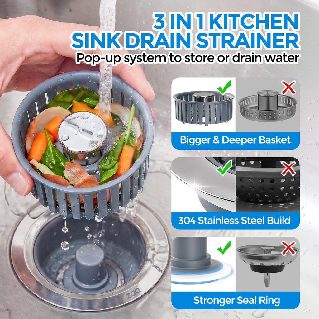 Regine Switzerland Sink Drain Strainer - 3-in-1 Anti-Clogging Kitchen Stopper for 3.5'' Sink Hole | Silver