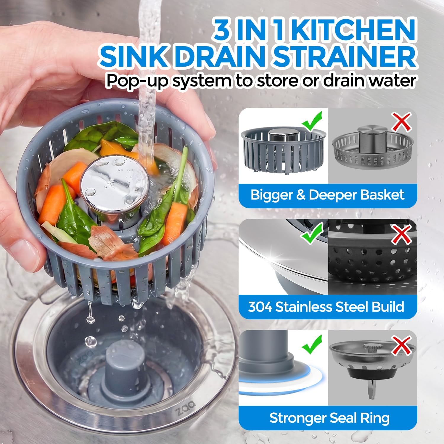 Regine Switzerland Sink Drain Strainer - 3-in-1 Anti-Clogging Kitchen Stopper for 3.5'' Sink Hole | Silver