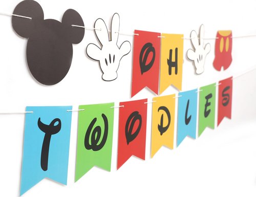 HUHJRUAR Oh Twodles Birthday Banner, Mouse 2nd Birthday Decorations, Girl 2nd Party Banner, 12 inches by 8 inches, Banner-1