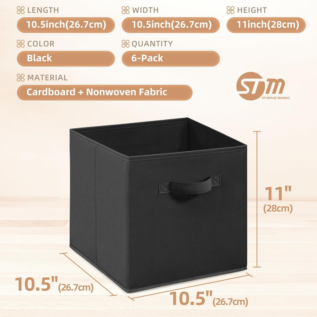 Storage Maniac Storage Cubes - 11-Inch Durable Fabric Bins | 6-Pack Collapsible Organizers in Black