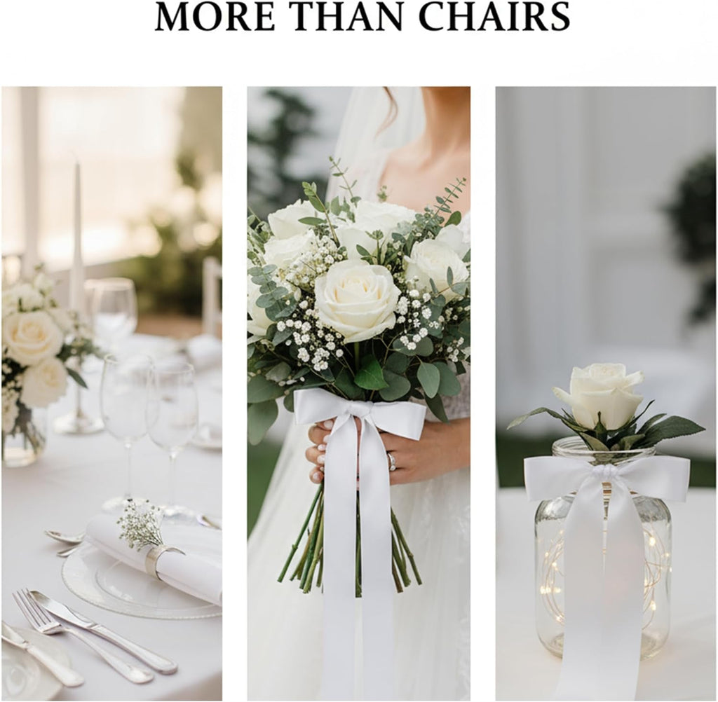 Skiennix Wedding Ribbons - 30 Pcs Satin Chair Sashes for Aisle & Pew Decorations | 90.55"x1.96" White